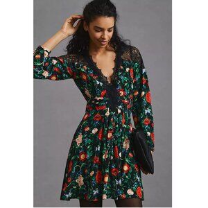 NEW By Anthropologie Lacy V-Neck Mini Dress Black Floral Long Sleeve Fit Flare